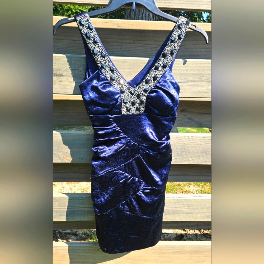 Jodi Kristopher BodyCon Navy Blue Dress w/Rhinestones Size 5